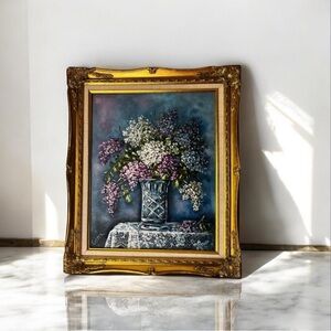 Original oil lilac Floral Painting in Gold wooden Frame signed by artist